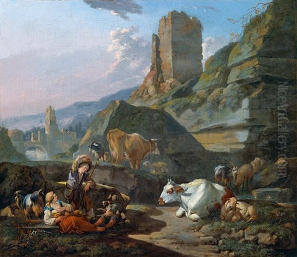 Eine Hirtenfamilie Mit Ihrer Herde Vor Einer Gebirgskulisse - view 1