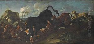 Leopards Attacking A Bull In A Landscape by Johann Heinrich Roos