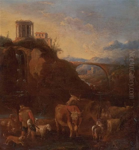Italienische Landschaft Mit Hirt Und Herde Sowie Dem Sibyllentempel Von Tivoli - view 1