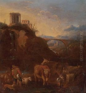 Italienische Landschaft Mit Hirt Und Herde Sowie Dem Sibyllentempel Von Tivoli by Johann Heinrich Roos