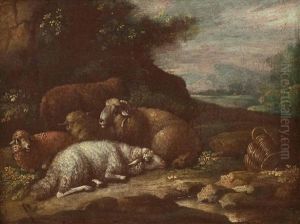 Schafe In Einer Felsennische Ruhend by Johann Heinrich Roos