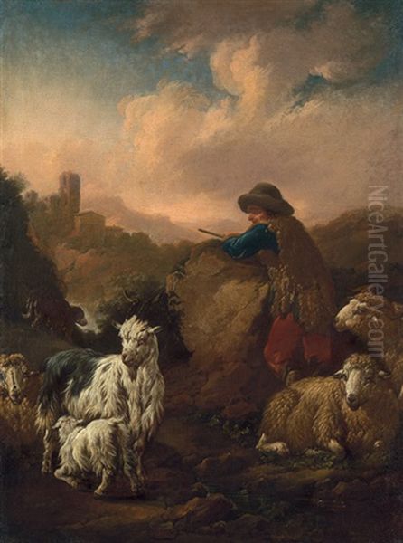 Pastorale Landschaft Mit Schafshirten Und Seinem Vieh - view 1