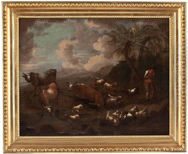 Hirten Mit Rindern, Schafen Und Ziegen In Landschaft - view 1