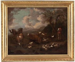 Hirten Mit Rindern, Schafen Und Ziegen In Landschaft thumbnail