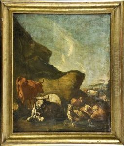 Rastende Tiergruppe Mit Rindern Und Schafen Im Vordergrund, In Der Sich Nach Rechts Offnenden Landschaft Weiteres Vieh, Sowie Ein Hirte Und Ein Gebaude