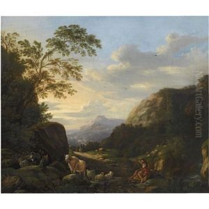 A Rocky Southern Landscape With A Shepherd With His Flock Resting On A Path by Johann Heinrich Roos