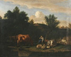 Landschaft Mit Hirtin Und Ihrer Herde Im Abendlicht