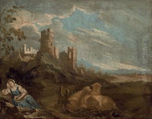 A Shepherdess Resting With Sheep, A Village Beyond (+ A Shepherd With A Goat And Cattle Watering, A Village Beyond; Pair) by Johann Heinrich Roos