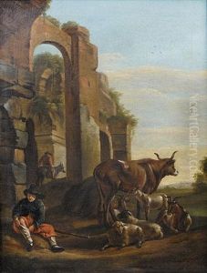 A Huntsman With His Dogs And Horse Resting Before A Fountain (+ A Shepherd With Goats, Sheep And A Bull Before Ruins; Pair)