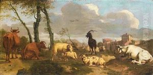 Cattle And Goats In A Landscape by Johann Heinrich Roos