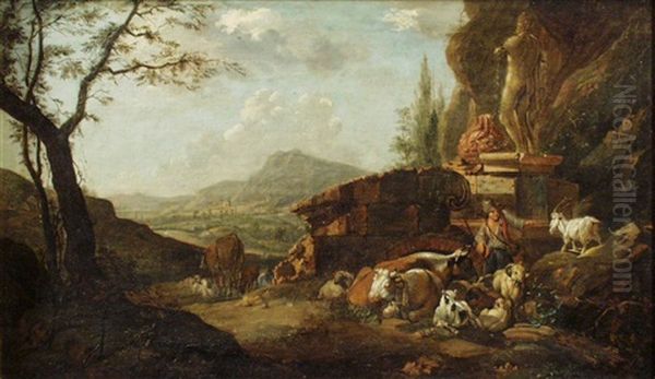 Hutejunge Mit Kuhen Und Ziegen In Arkadischer Landschaft - view 1