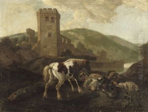 A Horse, Donkey, Goats, Dog And Sleeping Shepherd In Front Of A Ruin by Johann Heinrich Roos