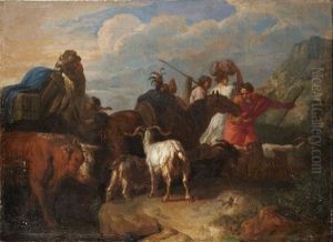 Biblischer(?) Zug Von Wanderern Mit Rindern, Ziegen, Schafen, Einem Pferd Und Einem Kamel
