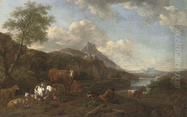 A River Landscape With A Drover At Rest With His Cattle - view 1