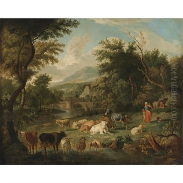 Pastoral Landscape With Watering Cattle And A Town In A Distance - view 1