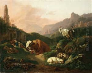 Sudliche Gebirgslandschaft Mit Viehherde Und Schlafendem Hirten