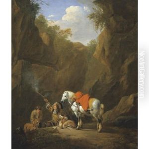 A Huntsman Firing A Pistol In A Rocky Landscape by Johann Heinrich Roos