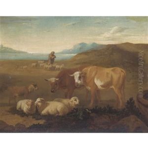 An Italianate Landscape With Cattle And Sheep In The Foreground, A Shepherd And His Flock Beyond by Johann Heinrich Roos