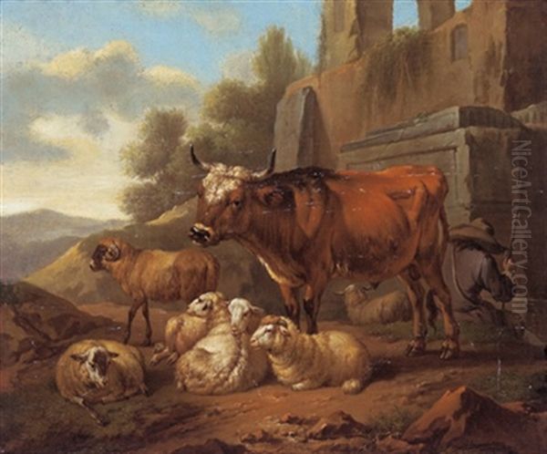 Hirte Und Herde In Einer Sudlichen Landschaft (+ Ein Hirte Mit Einem Stier Und Schafen In Einer Sudlichen Landschaft; Pair) - view 1