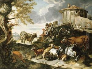 A Capriccio With Herders Resting, The Temple Of Vesta Beyond