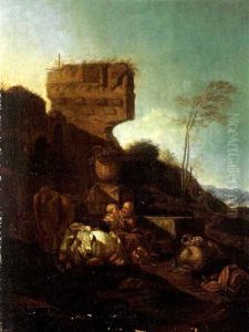 Hirtenpaar Mit Herde Vor Ruinen by Johann Heinrich Roos