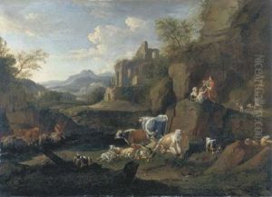 Paesaggio Fluviale Con Pastori, Armenti E Rovine In Lontananza by Johann Heinrich Roos