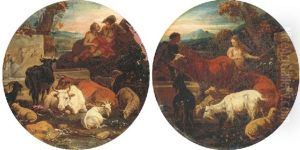 An Amorous Herdsman And His Companion With Cows, Sheep And Goats At A Fountain With A Stream And A Landscape Beyond (+ Herdsmen With Cows, Sheep And Goats At A Water Trough, A Mountain Beyond; Pair) by Johann Heinrich Roos