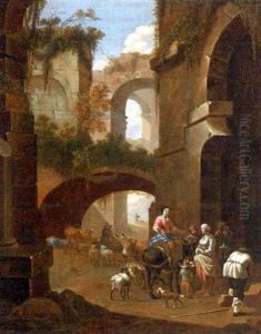 An Architectural Capriccio With Peasants Amongst Ruins by Johann Heinrich Roos