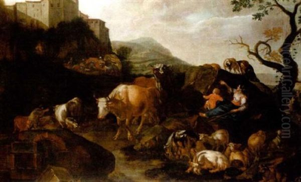 An Italianate Landscape With Drovers And Cattle, A Hilltop Village Beyond - view 1