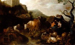 An Italianate Landscape With Drovers And Cattle, A Hilltop Village Beyond by Johann Heinrich Roos