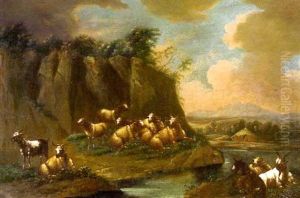 Schafe Und Ziegen In Sommerlandschaft by Johann Heinrich Roos