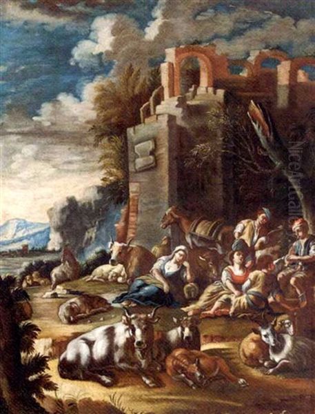 An Italianate Landscape With Peasants Resting With Cattle And Sheep Amongst Ruins - view 1