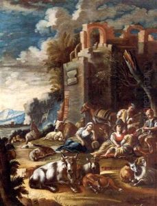An Italianate Landscape With Peasants Resting With Cattle And Sheep Amongst Ruins by Johann Heinrich Roos