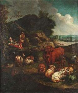 Ruhende Herde Und Schafer In Campagnalandschaft
