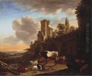 An Italianate Landscape With A Peasant Resting With His Cattle And Sheep Amongst Ruins by Johann Heinrich Roos