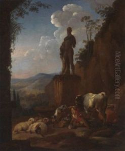 A Young Shepherd And His Flock Resting Beneath A Statue A Young Shepherd And His Flock Resting Beneath A Statue