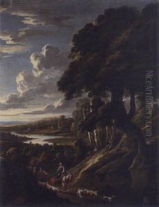 Heimwarts Ziehende Hirten Mit Ihrer Herde, Im Hintergrund Flusslandschaft Heimwarts Ziehende Hirten Mit Ihrer Herde, Im Hintergrund Flusslandschaft