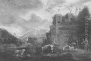Sudliche Ruinenlandschaft Mit Hirtin Und Hutebub Und Ihrer Herde by Johann Heinrich Roos