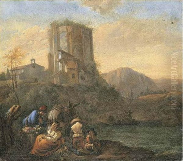 An Italianate River Landscape With Peasants Resting On The Way To Market, A Ruined Tower Beyond - view 1