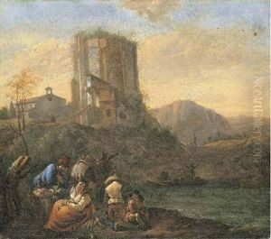 An Italianate River Landscape With Peasants Resting On The Way To Market, A Ruined Tower Beyond thumbnail