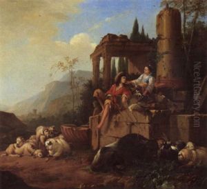 Southern Landscape With A Drover And Shepherdess With Their Flocks Beside A Fountain