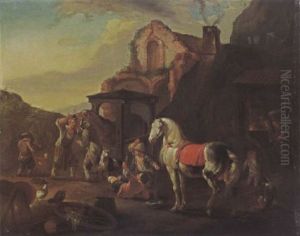 An Italianate Landscape With A Blacksmith And Children Playing Before His Workshop by Johann Heinrich Roos