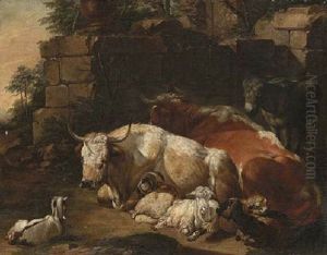 Bulls, Goats, Sheep And A Donkey Before A Ruined Wall, A Landscape Beyond Bulls, Goats, Sheep And A Donkey Before A Ruined Wall, A Landscape Beyond