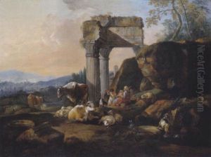 Eine Dudelsackspielende Hirtin Mit Ihrem Sohn Und Herde In Der Romischen Campagna