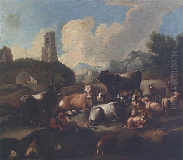 Hirte Mit Kuhen Und Schafen In Ruinenlandschaft - view 1