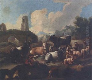 Hirte Mit Kuhen Und Schafen In Ruinenlandschaft Hirte Mit Kuhen Und Schafen In Ruinenlandschaft