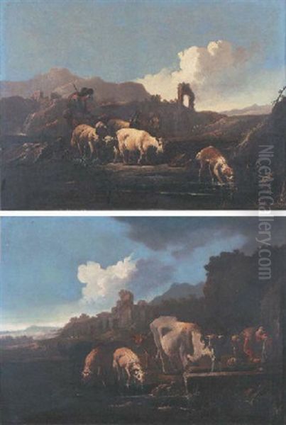 A Drover With Cattle, Sheep And Goats At A Watering Trough In An Italianate Landscape - view 1