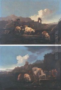 A Drover With Cattle, Sheep And Goats At A Watering Trough In An Italianate Landscape by Johann Heinrich Roos