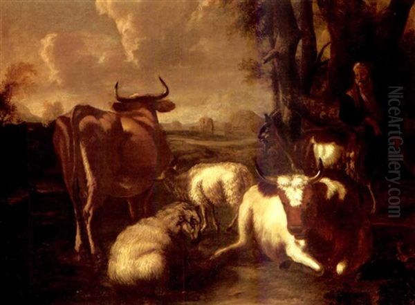 A Peasent And His Livestock Resting In An Italianate Landscape - view 1