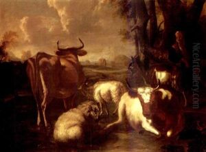 A Peasent And His Livestock Resting In An Italianate Landscape by Johann Heinrich Roos